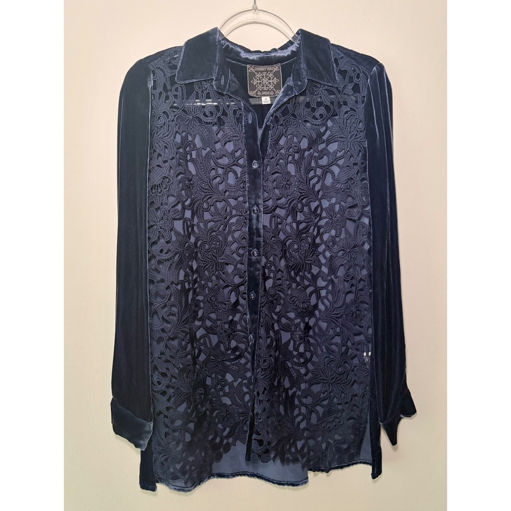 Johnny Was Jade Navy Blue Velvet Floral Open Cutwork Blouse Button Down XS